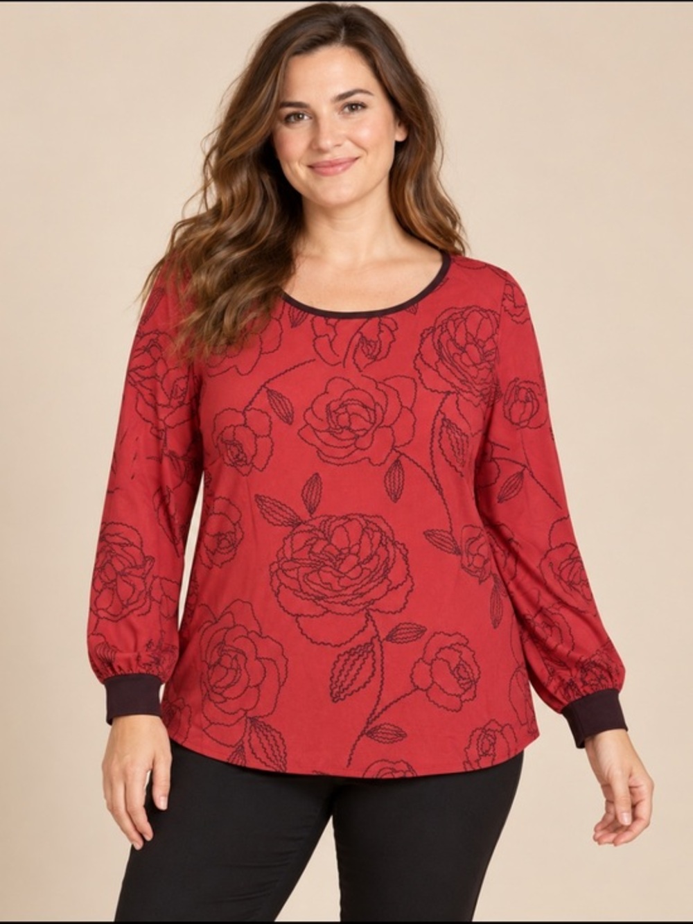 Dressbarn Red Black Rose Floral Balloon Sleeve Blouse Size Large